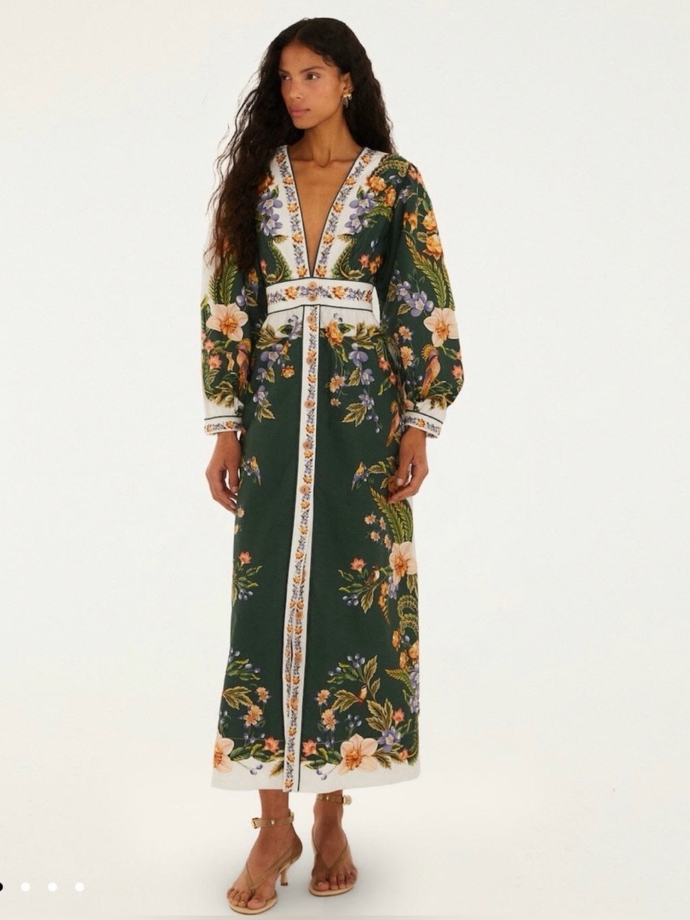 FARM Rio Green Floral V-Neck Maxi Dress with Puff Sleeves